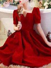 Ladies mid-length maroon simple birthday party dress banquet evening dress holiday dress dress