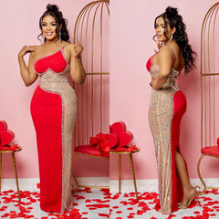 European and American Dress Women's Sexy Mesh Perspective Hot Diamond Suspender Long Dress