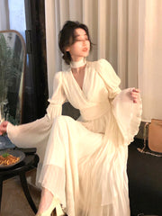 2023 Spring Elegant V Neck Midi Dress Office Ladies Long Sleeves Casual One Dress Korean French Retro Chiffon Dress Ladies
