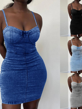 Women Sexy Solid Color Denim Dress Spaghetti Straps Waist Tight Bodycon Mini Dress