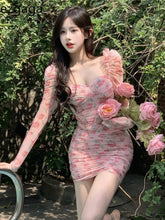 Sexy Bodycon Dress Women's Flower Print Square Neck Puffy Long Sleeves Chiffon French Style Chic Feminine Elegant Dress