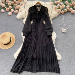 New waist slimming bow tie straps pleated dress celebrity temperament lotus leaf edge big long skirt