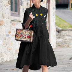 ZANZEA ladies European and American style temperament simple flower embroidered shirt skirt lapel long sleeve knee-length skirt fashion trend elegant loose spring and summer daily casual bohemian vacation style long A-line dress in large size