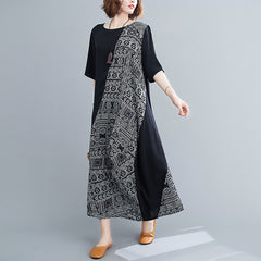 تنورة بطباعة هندسية على طراز العطلات على الشاطئ على شكل حرف a متوسطة الطول مقاس سمين وأكمام قصيرة ورقيقة مقاس كبير فستان كوري بطباعة كلاسيكية أدبية