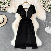 European and American design V-neck open back waist irregular split dress dress