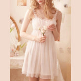 QWEEK Lace Mesh Kawaii Sleepwear Nightdress Women Sexy Nightwear Cute Nightie Fancy Nightgown Dress Dressing Gown
