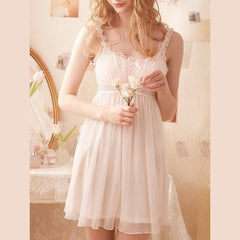 QWEEK Lace Mesh Kawaii Sleepwear Nightdress Women Sexy Nightwear Cute Nightie Fancy Nightgown Dress Dressing Gown