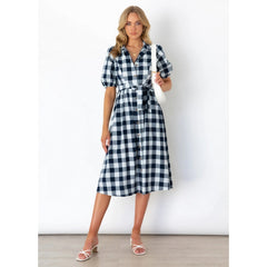 Casual Plaid Short Sleeve Lapel Belt Single Breasted A-line Skirt Dress Women