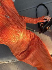 Autumn Winter Women's Solid Color Maxi Pleated Dress Elegant Long Sleeves Slim Bodycon Club Women's Pencil Skirt