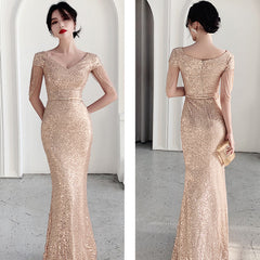 Hot selling new evening dress women 2021 new champagne golden annual meeting banquet aura queen temperament fishtail dress sexy