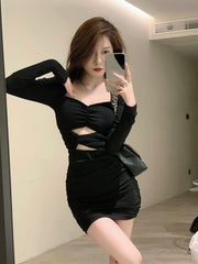 Black Bodycon Dress Women's 2023 Autumn Long Sleeve Short Party Dress Office Women's Solid Elegant Vintage Y2k miniskirt Korean Edition