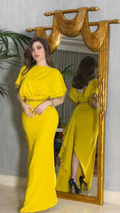 Yellow Knit Elegant Wrap Hip Bead Tube Fringe Dress