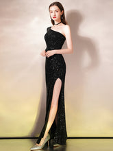 Ladies long one-shoulder sequin evening dress fashion sexy split party dress slim mermaid dress