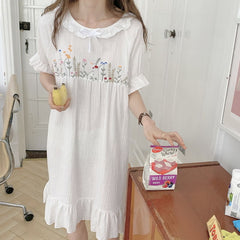 QWEEK Cotton Sleepwear Korean Nightdress Women Floral Nightie White Dress Nightwear Sweet Nightgown Dressing Gown
