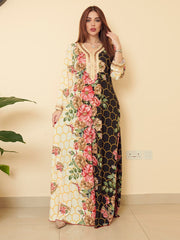 New Arab Traditional Women's Jalabiya Printed Robe with Diamonds Kaftan Middle East Women's Dubai Kuwait