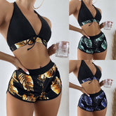 Three-piece bikini gathered halter neck leaf print sports fashion foreign trade swimsuit