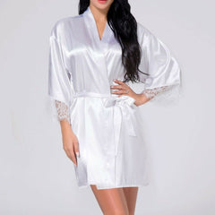 Ladies Fashion Simulation Silk Lace Patchwork Bathrobe