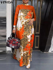 VONDA Elegant Dresses For Women 2022 Random Printed Turtleneck Long Puff Sleeve Pleated A-Line Vestidos Bohemian Party Casual Plus Size Long Dresses