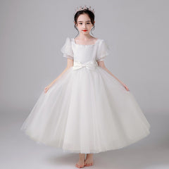 Children's catwalk dress 2023 spring new white host fluffy gauze skirt girls piano performance costume