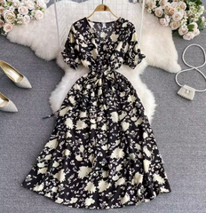 Spring and summer new women's gentle wind V-neck waist slimming a-line elegant temperament floral long dress