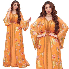 Middle East New Muslim Women Kaftan Chiffon Foil Printing Two Piece Elegant Arabian Cardigan Dress