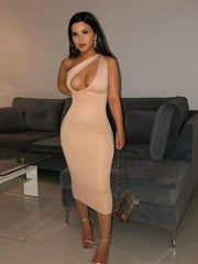 Cut Out Sexy Midnight Clubwear Maxi Dresses Solid One Shoulder Birthday Outfit For Women Slim Bodycon Party Dress 2022