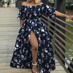 Celmia Ms. Bohemian holiday style floral print dress European and American fashion temperament elegant one-shoulder lantern sleeve waist big skirt daily summer plus size trend seaside dating slit long skirt