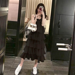 Dress Women's Spaghetti Suspenders Ulzzang Summer Vacation All Matching Casual Loose Friends Solid Color Simple Inner V Neck Ladies Clothes