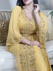 Elegant Gold Diamond Waist Chiffon Dress