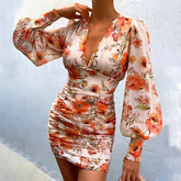 Elegant Floral Printed Mini Dresses Sexy Deep V Neck Puff Long Sleeve Bodycon Dresses Female Bohemian Party Dress