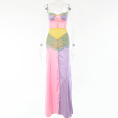 Tinastyle Chains Strap Sexy Satin Dress Women Short Lace Patchwork Bodycon Mini Party Dress Vestidos Y2K Nightclub Streetwear