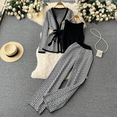 Women's end small fragrance suit early spring and autumn lace-up cardigan waisted wide-leg pants three-piece set