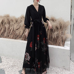 Ladies V-neck Long Three-quarter Sleeve Printed Banquet Dress LX029