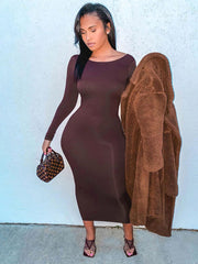 Spring Sexy Backless Midi Dress Bodycon Elegant Nightclub Party Birthday Brown Long Sleeve Dress for Women