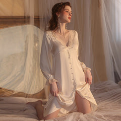 REBEYULI Sexy Pajamas Women's Pajamas Sweet Lace Deep V Length Solid Silk Dress Women's Comfortable Pajamas 10-21