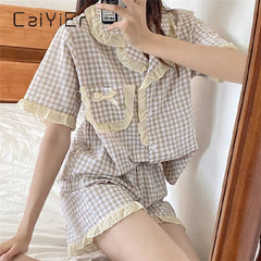 CAIYIER Summer Korea Women's Pajamas Sweet Girl Plaid Sleepwear Short Sleeve Shorts Retro Ruffle Nightwear Kawaii Japan Homewear