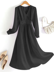 ZANZEA Women Elegant Mid-calf Solid Dress Spring Autumn V Neck Long Sleeve A-line High Waist Elegant Vestidos Korean Style