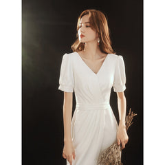White evening dress female celebrity banquet elegant temperament host long sexy fishtail registration certificate graduation autumn