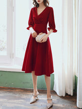 Ladies mid-length mid-sleeve velvet V-neck banquet evening dress fashion party dress