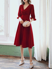 Ladies mid-length mid-sleeve velvet V-neck banquet evening dress fashion party dress