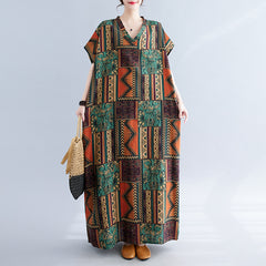 المرأة حجم كبير المرأة الصيف الجديدة القطن والكتان الرجعية الخامس الرقبة القطن والكتان رداء طويل مريح لتغطية اللحوم فستان تنورة طويلة