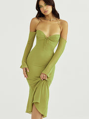 Elegant Strapless Bodycon Long Maxi Dress 2022 Women's Halter Long Sleeve Backless Party Club Dress Casual Tie Dress