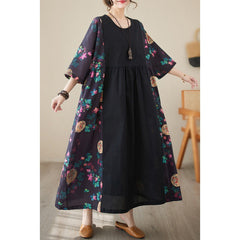 Large size women's clothing 2023 new ramie linen stitching dress retro loose robe 100-280 catties