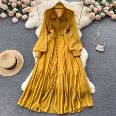 New waist slimming bow tie straps pleated dress celebrity temperament lotus leaf edge big long skirt
