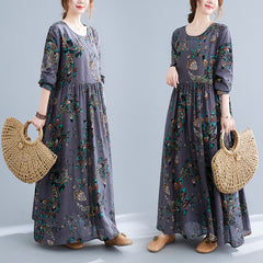 Women's printed dress fat mm plus size women's clothing daily casual home high waist stitching long sleeve round neck long belly cover up skirt