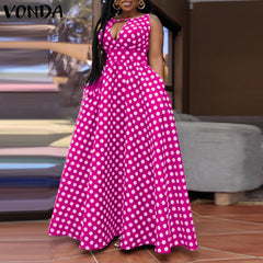 VONDA Elegant Dresses For Women 2022 Sexy Polka Dot Printed V-Neck Sleeveless A-Line Dresses Bohemian Party Vestidos Summer Plus Size Long Dresses