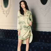 Satin Chiffon Pajamas Ladies Summer V Neck Green Shirt Dress Homewear