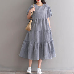 ZANZEA women's round neck short-sleeved plaid cotton and linen stitching cake skirt dress with belt