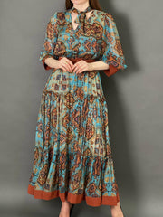 Blue Elegant Paneled Chiffon Belt Dress