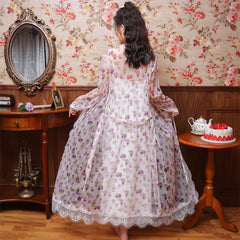 Long sleeved nightgown female spring and autumn cotton suspender nightdress princess household palace style lace dress pajamas printed two-piece set